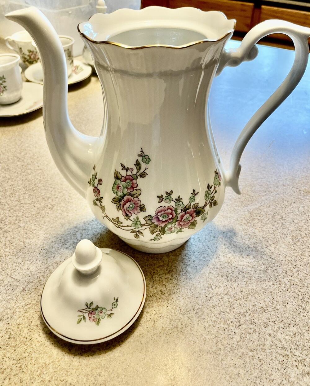 Walbrzych Fine China Coffee Pot and Lid wi/ Rose Floral Gold Trim Made In Poland
